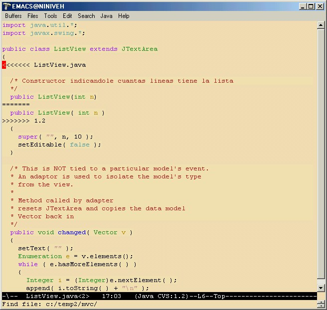 emacs editando el
		  archivo con las dos versiones.
		  