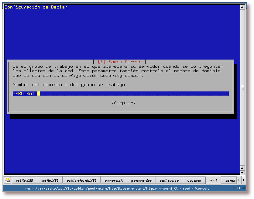 Configuración del grupo de trabajo/dominio de samba mediante debconf